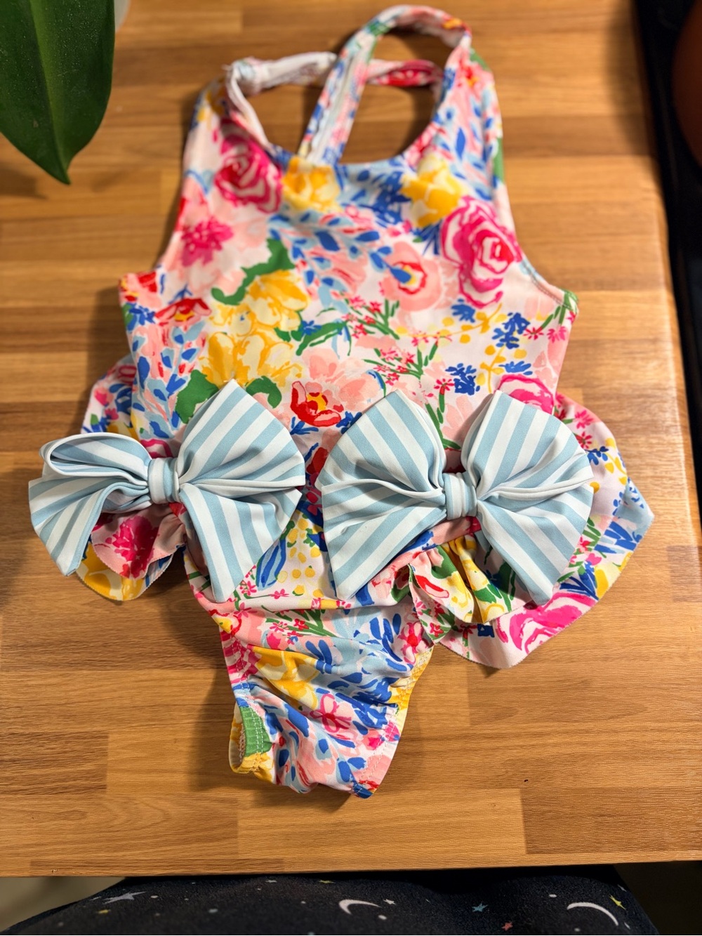 Mud Pie Floral One-Piece Swimsuit with Blue Striped Bows - Pink Multi